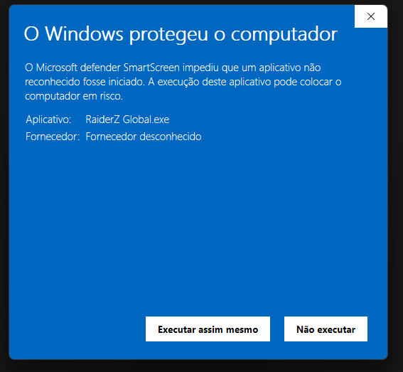 Si aparece SmartScreen, confirma solamente el instalador oficial RaiderZ Global.exe.