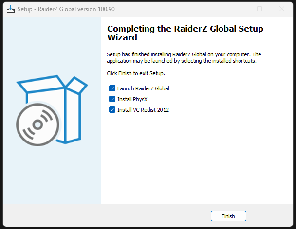 Pulsa Finish para completar la instalación y abrir RaiderZ Global.